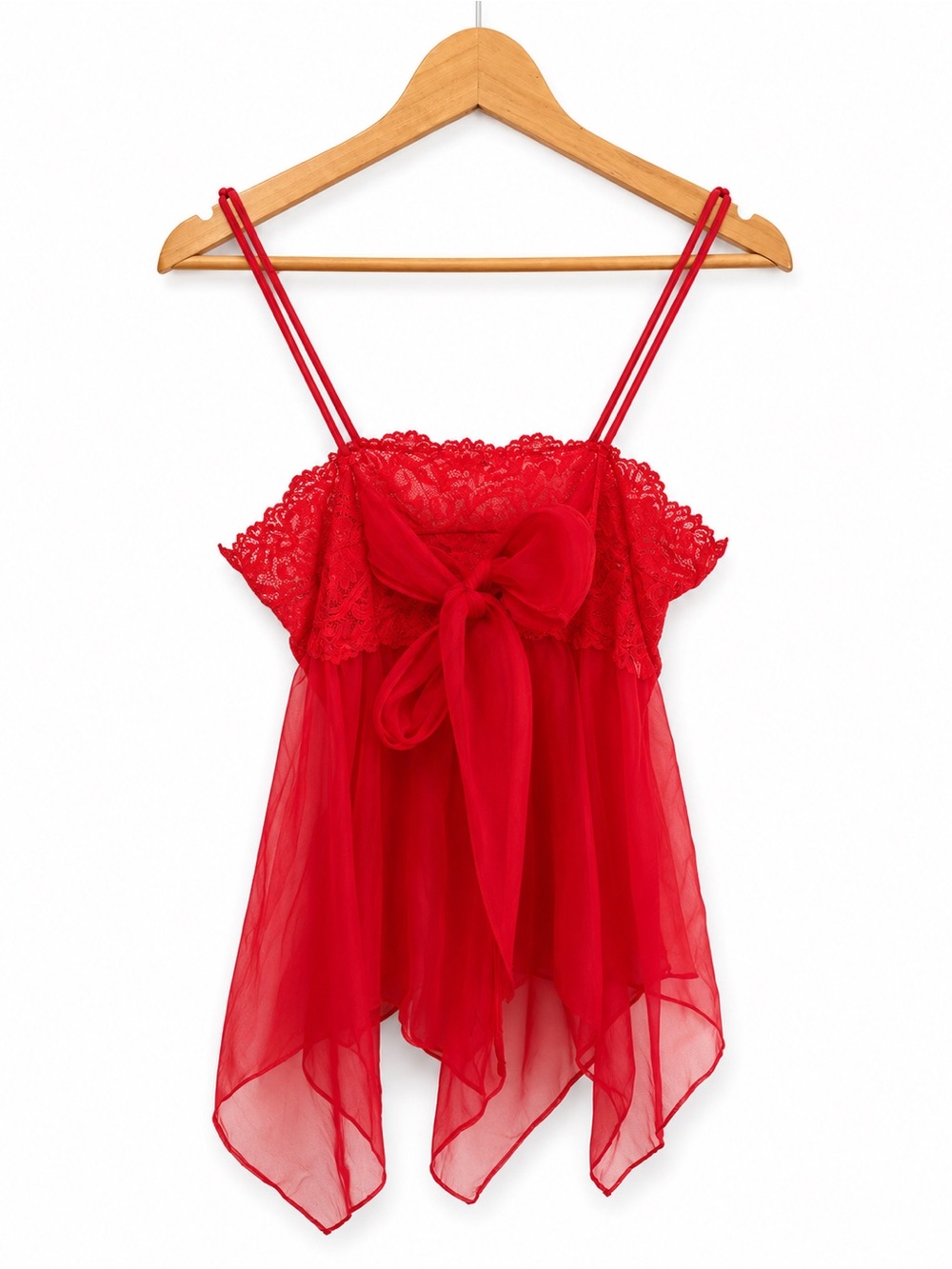 Illusion Sheer Lace Babydoll Lingerie | Red Mesh | Open Front Tie | Size Medium